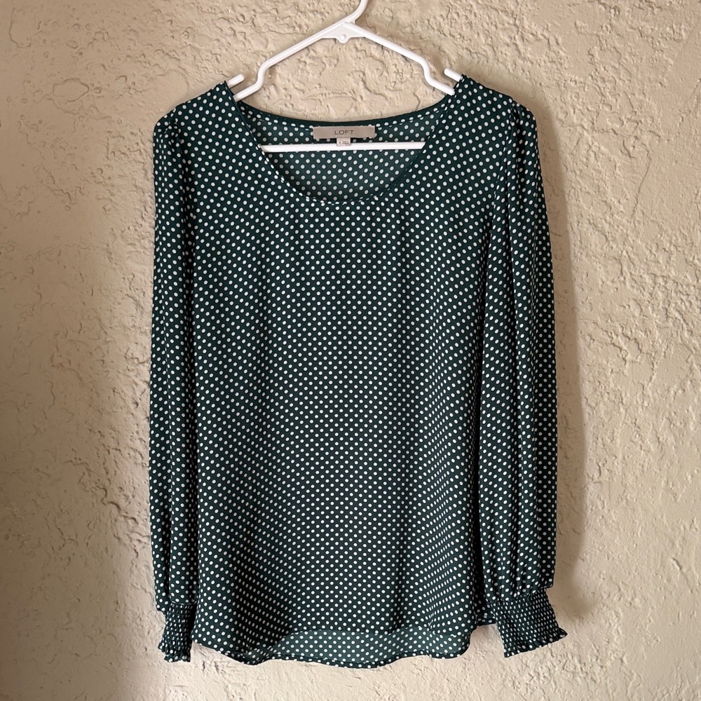 LOFT Dark Green Polka Dot Long-Sleeve Blouse